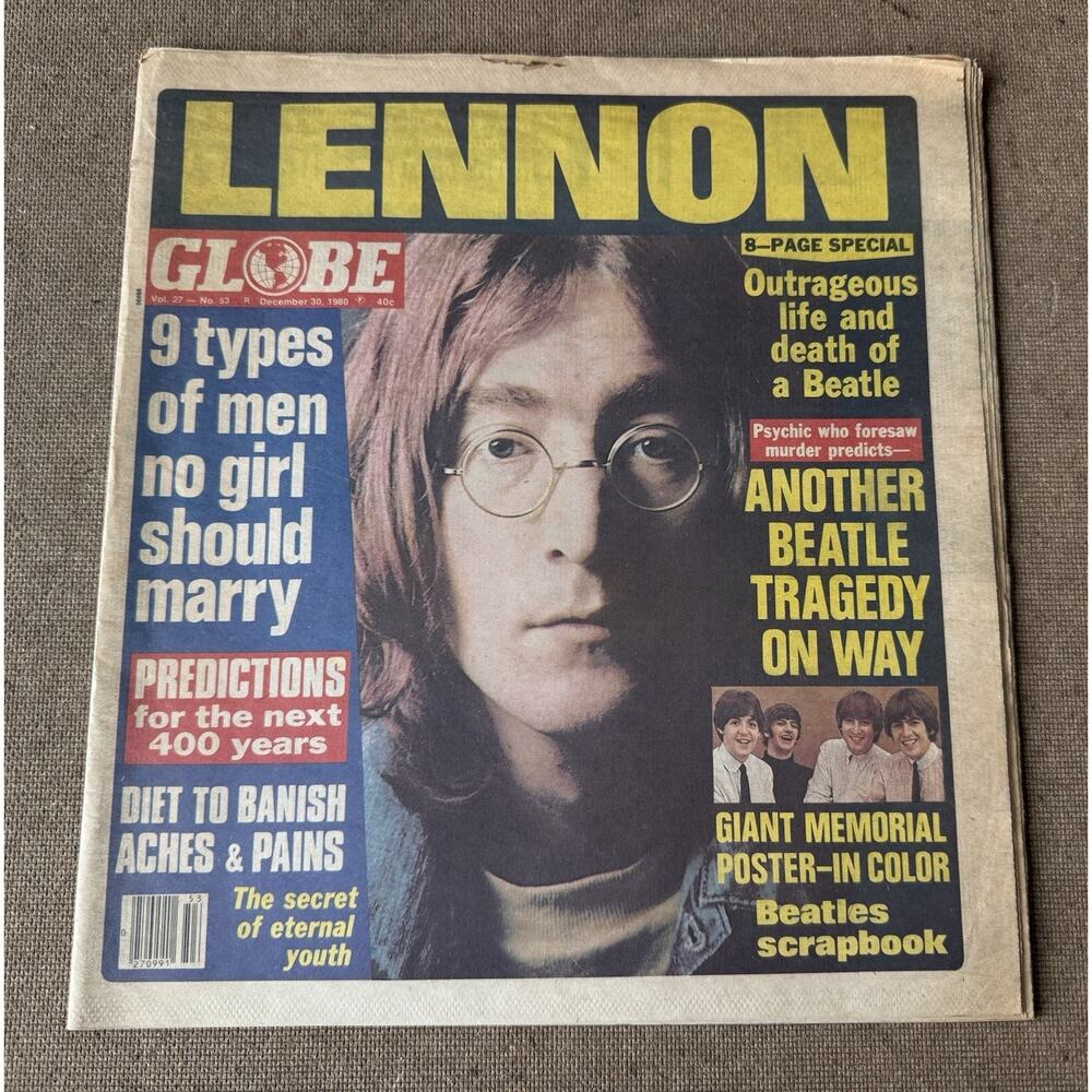 Vintage December 1980 John Lennon Life Death Globe News Memorial Beatles Poster